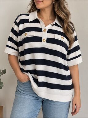 Michael Kors 2X Navy White Striped Knit Polo Top Gold Buttons
